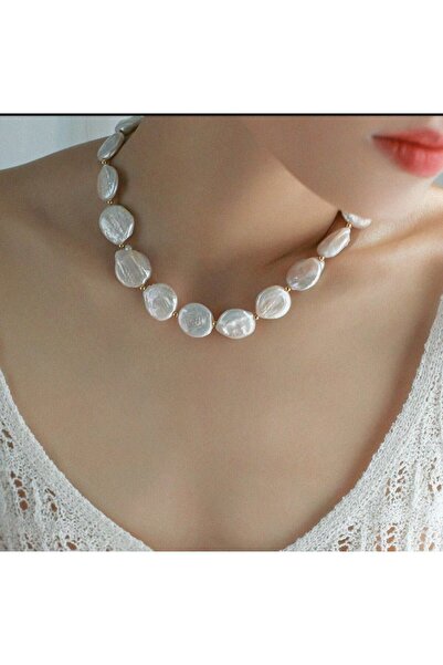 PEARL Gerçek Yassı İnci Şık Kolye