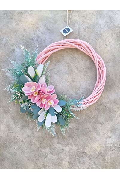 Mori Atölye Pembe Bambu Çelenk Yeşil Bitkiler Pembe Orkide Çiçekli Kapı Süsü