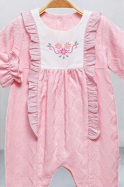 dinamik çocuk 0-12 Months Floral Embroidered Pique Fabric Jumpsuit with Snaps at the Bottom