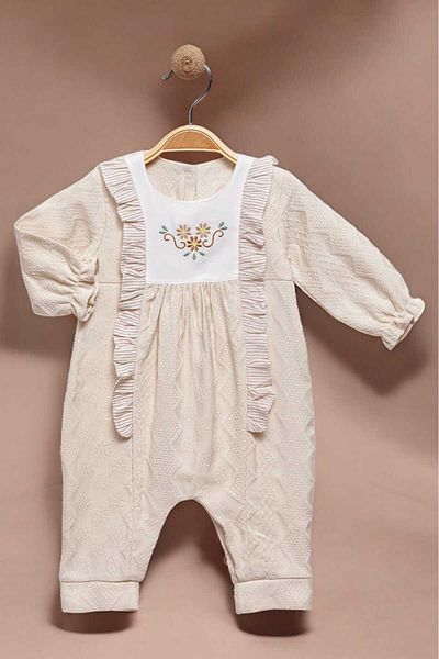 dinamik çocuk 0-12 Months Floral Embroidered Pique Fabric Jumpsuit with Snaps at the Bottom