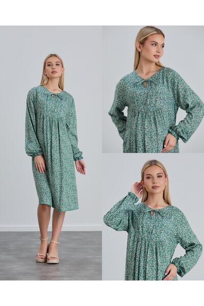 LİYACA Hijab Regular Fit Floral Patterned Viscose Maternity Tunic Dress