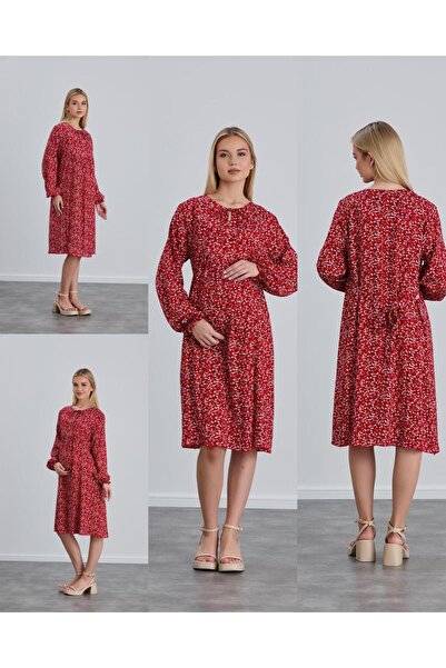 LİYACA Tesettür Regular Fit Çiçek Desenli Viskon Hamile Tunik Elbise
