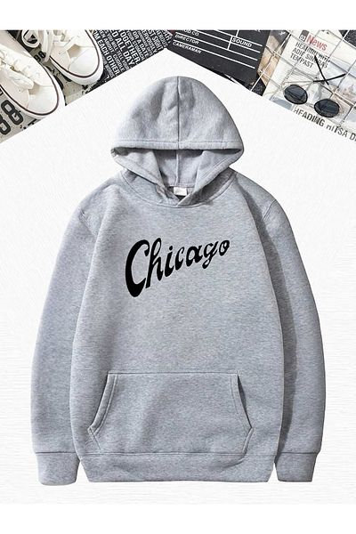 BENROMA Сив суитшърт с голям размер и щампа Chicago