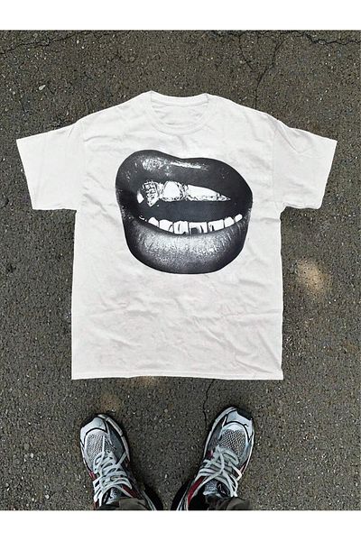 Bengi Clothing Λευκό Oversize Βαμβακερό T-shirt - Κοντό μανίκι, εμπριμέ