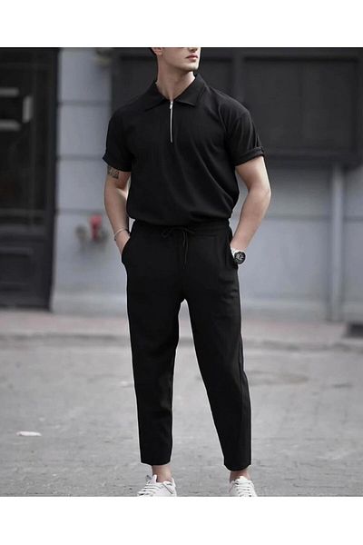 viperkombin Lycra Ribbed Polo T-Shirt and Baggy Pants Set - Set of 2