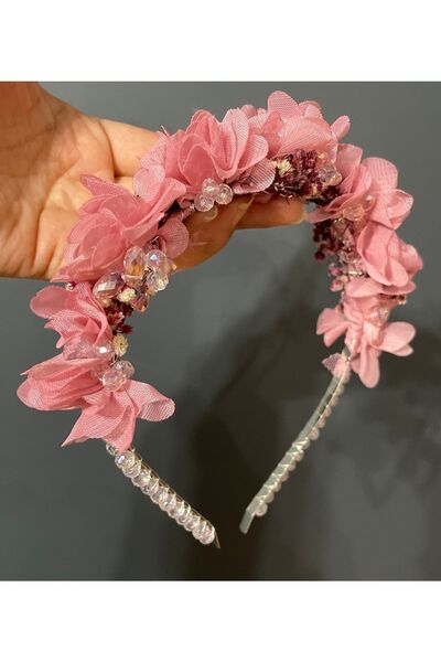 DesaAccessories Pembe Çiçekli Kristal Taş Işlemeli Lohusa, Nişan, Çocuk