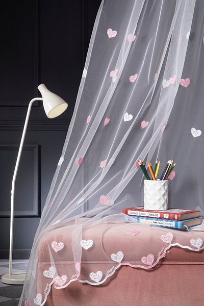 MAGİZA Heart Patterned Tulle Curtain - 1e and 2layer Sparse Pleat, No Ironing, Suitable for Living Room, Kitchen, Balcony and Children's Room