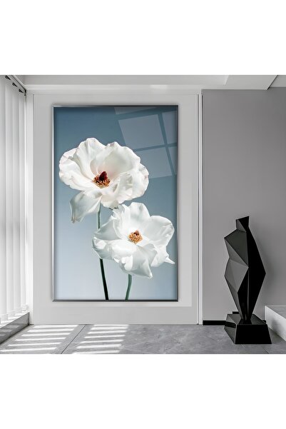 EMYA HOME Tablou din sticlă cu trandafiri albi cu cadru metalic