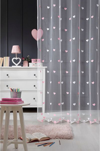 MAGİZA Heart Patterned Tulle Curtain - 1e and 2layer Sparse Pleat, No Ironing, Suitable for Living Room, Kitchen, Balcony and Children's Room