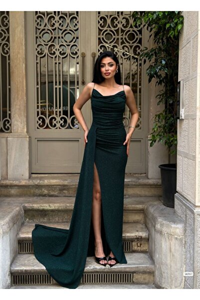 maf collection Kadın zümrüt ip askılı simli fukuro kumaş abiye elbise