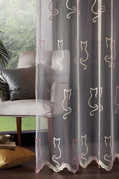 MAGİZA Cat Patterned Tulle Curtain - Don't Want Ironing and Drawstring Extrafor, Suitable for Kitchen, Balcony and Children's Room