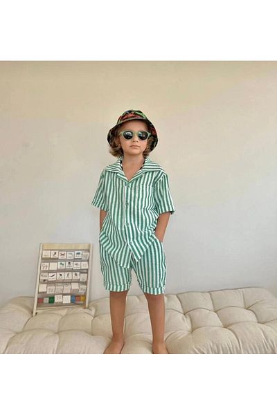 WİKİBOOM Boy's Linen Shirt Striped Shorts Set