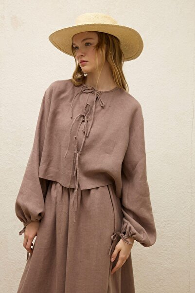Manuka Λινό μπλούζα Dusty Rose - Λεπτομέρεια με κορδόνια