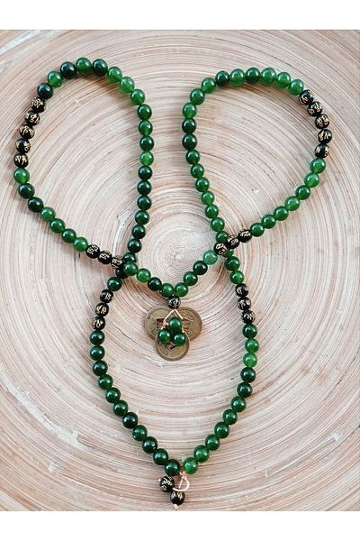 PİRAMİGO Green Gelang Stone and Lucky Money 108 Mala Long Necklace with Mudra Embroidery