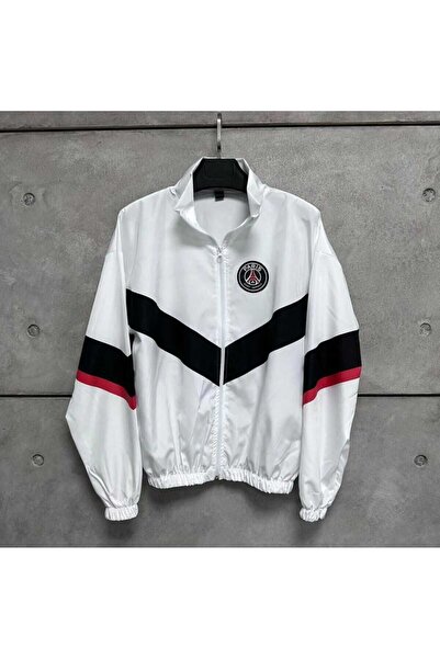 Justin Paris Beyaz Fermuarlı Oversize Unisex Paraşüt Ceket/Yağmurluk