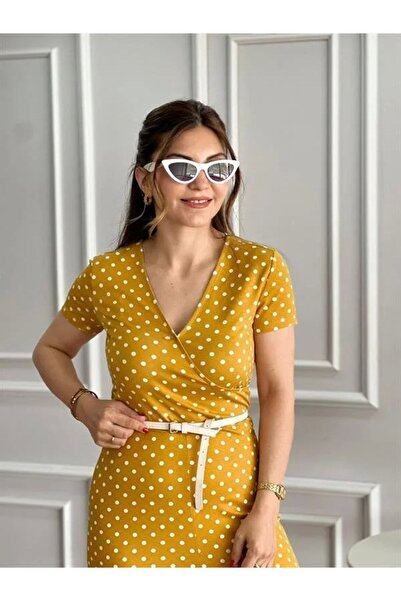 BUTİK MUSON Puantiyeli Viskon Tulum - Kruvaze Yaka Mom Fit