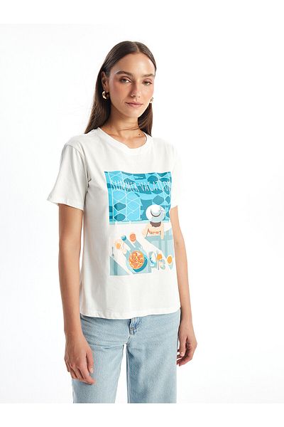 LC Waikiki T-shirt damski LCW – okrągły dekolt, z nadrukiem, z krótkim rękawem