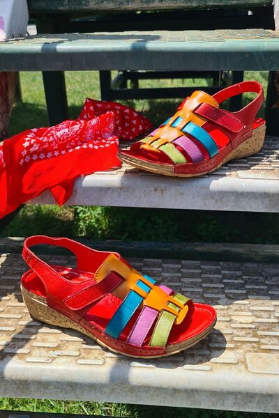 İNZE AYAKKABI Side- Red Colored Genuine Leather Sandals
