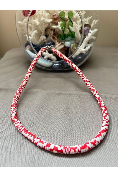 Atelier By Serkan Red and White Patterned Fimo Necklace