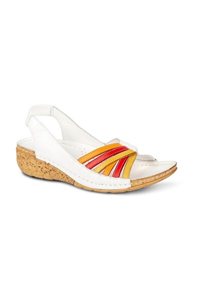 İNZE AYAKKABI Alaçatı- White Multicolored Genuine Leather Sandals