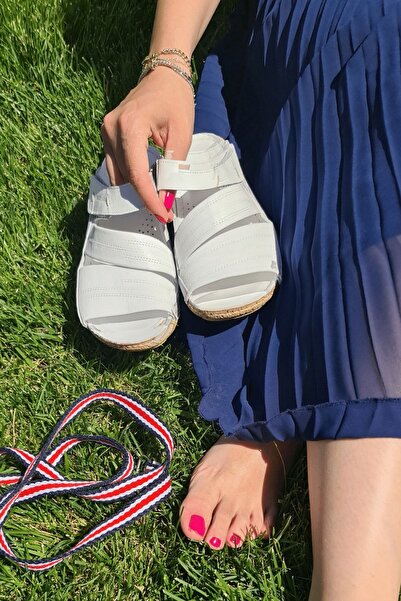 İNZE AYAKKABI Cunda- White Printed Genuine Leather Slippers