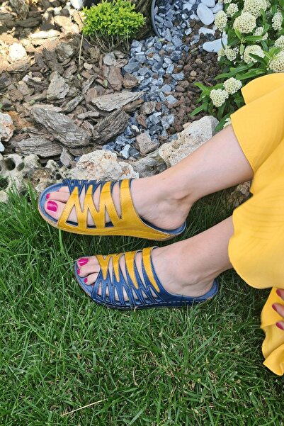 İNZE AYAKKABI Fethiye- Navy Blue Yellow Genuine Leather Slippers