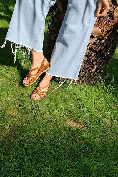 İNZE AYAKKABI Tan Band Knitted Genuine Leather Sandals-model: Fulya