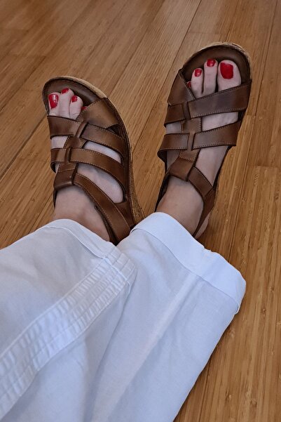 İNZE AYAKKABI Tan Strap Genuine Leather Sandals-model:rose