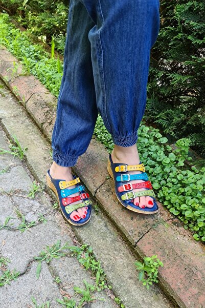 İNZE AYAKKABI Blue Multi-Colored Buckle Genuine Leather Slippers