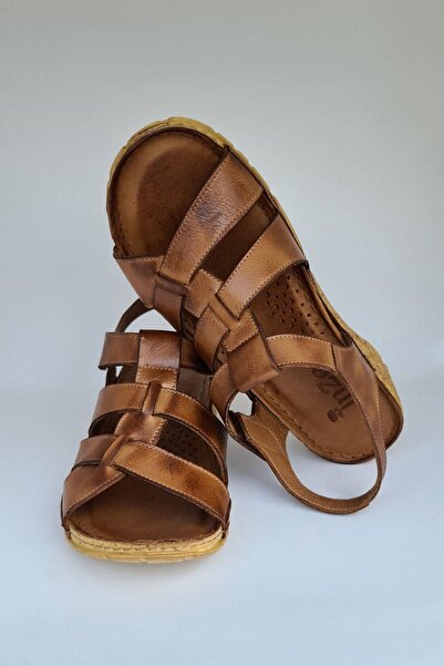 İNZE AYAKKABI Tan Strap Genuine Leather Sandals-model:rose