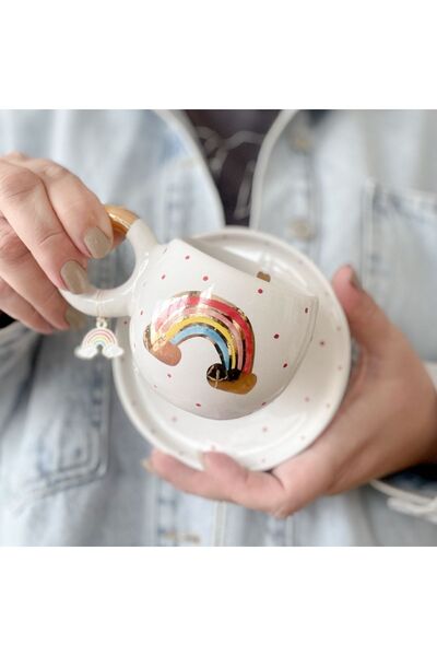 Mugtasarım كوب مزدوج مصنوع يدويًا من السيراميك بألوان قوس قزح مطلي بالذهب عيار 24 قيراط