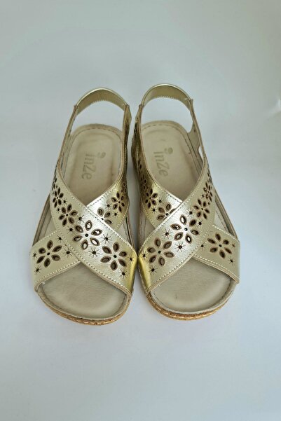 İNZE AYAKKABI Gold Laser Cut Genuine Leather Sandals Model Orchid