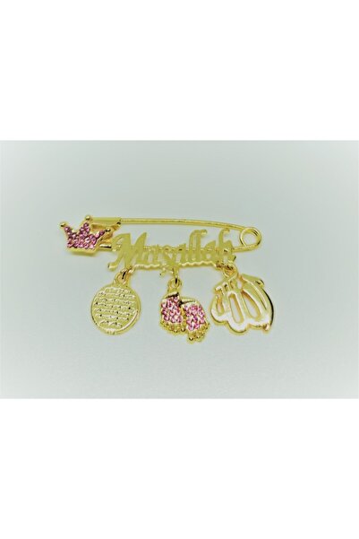 MAVİ ÇERÇİ Maşallah Yazılı Bebek Yaka Iğnesi Gold Pembe