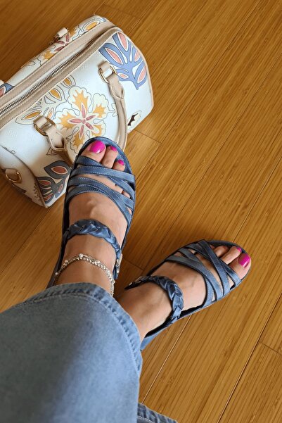 İNZE AYAKKABI Denim Örgülü Hakiki Deri Sandalet-model: Begonvil