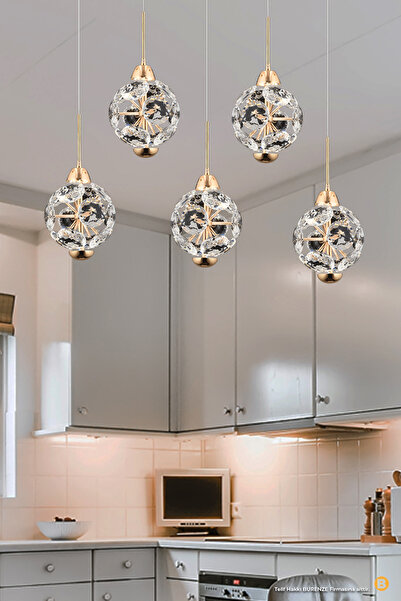 burenze New Collection Modern Pırlanta Kristal Taşlı Beşli Sıralı Led Avize Gold Sarı 3 Renk Kademeli Işık