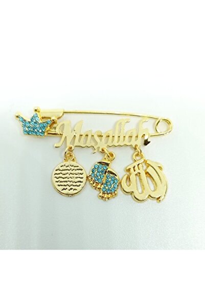 MAVİ ÇERÇİ Maşallah Yazılı Bebek Yaka Iğnesi Gold Mavi Renkli