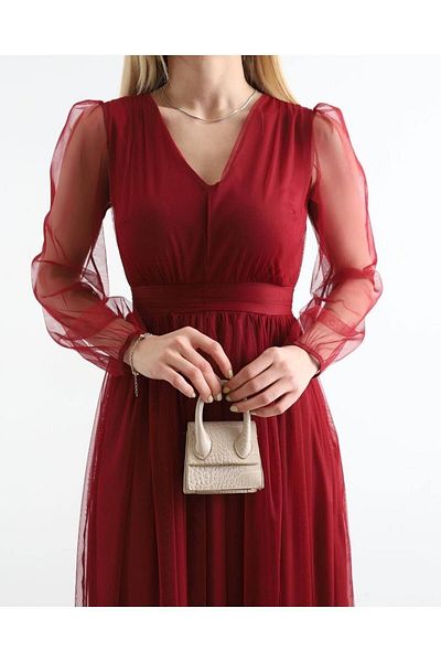 modakyra Rochie midi burgundy - cu căptușeală și detaliu din tul, pentru nuntă și absolvire (opțiuni de culoare)