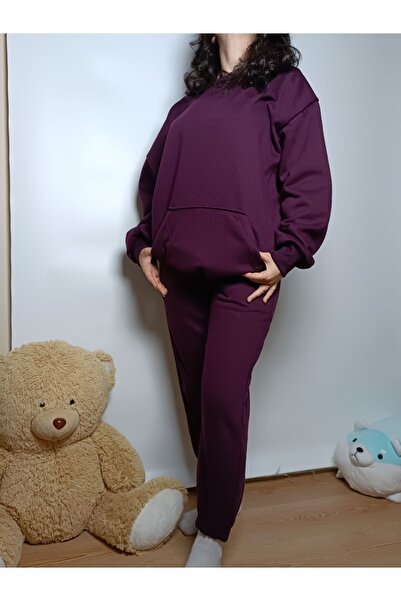 AMORE PASSİON Mor Kadın Unisex Kapüşonlu Üç Iplik Oversize Eşofman Takımı