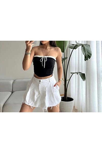 nura Women's Black Corset Matching Bustier Black and White Crop Front Drawstring Corset