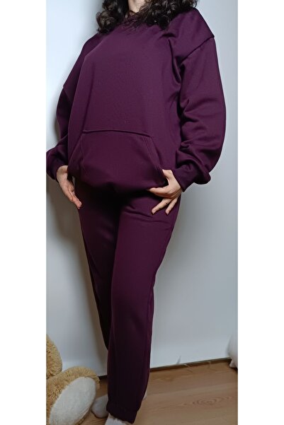 AMORE PASSİON Mor Kadın Unisex Kapüşonlu Üç Iplik Oversize Eşofman Takımı