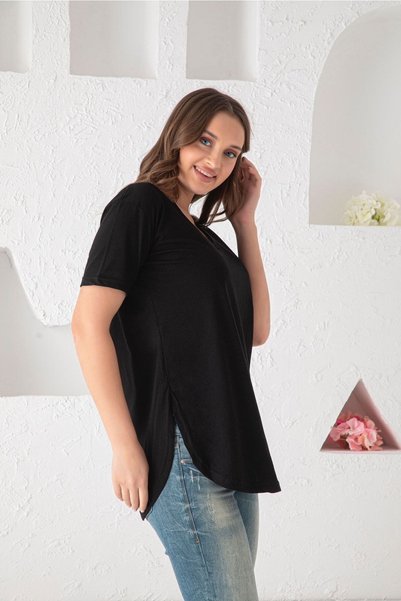 Trendbade Butik Donex Women's Black V-Neck T-Shirt with Slit and Stitched Skirt