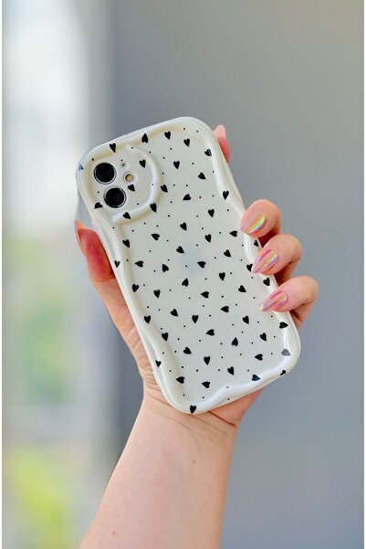 IPHONE 11 BLACK HEART PATTERNED ECRU CASE