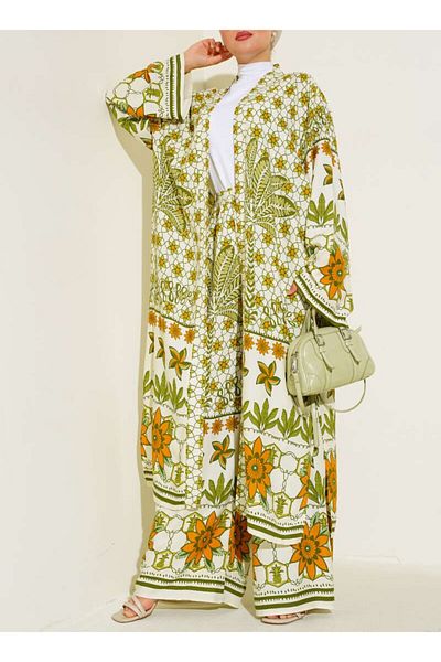 Lavanta Tekstil Hijab Kimono Double Set - Ethnic Pattern