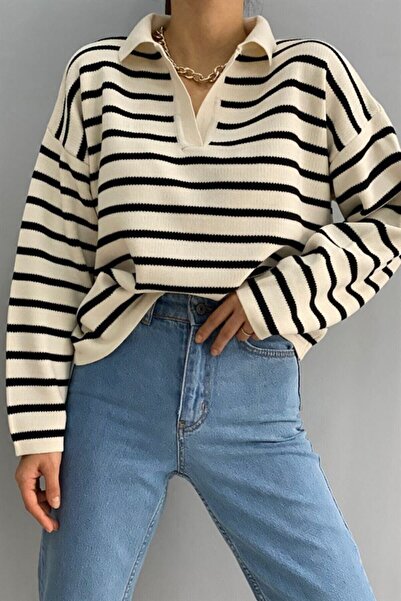 Crep Pulover de damă cu dungi cu gât polo