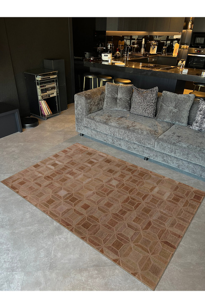 Rugs Modern Halı Covor decorativ modern cu model geometric tematic maro desch...
