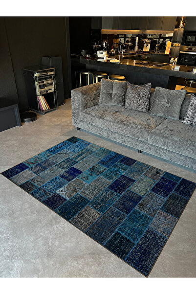 Rugs Modern Halı Mavi Gri Temalı Geometrik Mermer Duvar Desenli Modern Dekora...