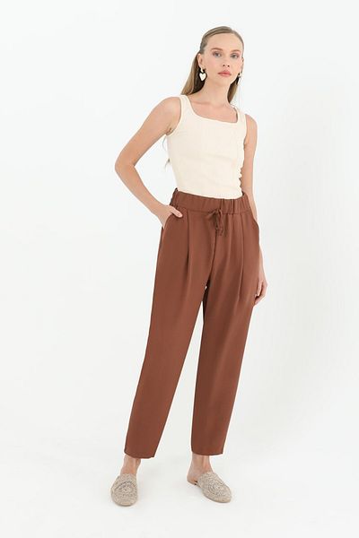 Puane Pantaloni Ayrobin de damă - plisați, cu talie elastică și șireturi
