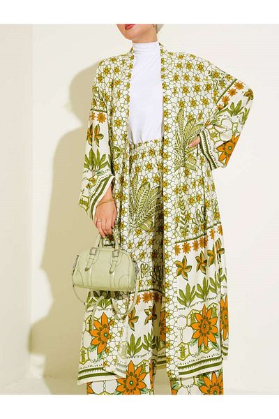 Lavanta Tekstil Hijab Kimono Double Set - Ethnic Pattern