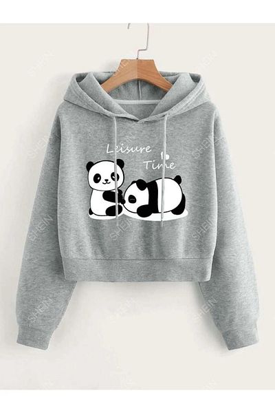 npLStore Детски суитшърт с шарка на две панди - Зимен суитшърт с качулка