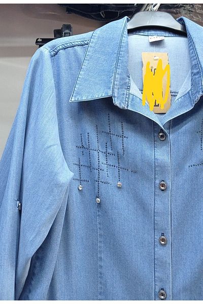 AKŞEN GİYİM Cămașă din țesătură de blugi subțire de mărime mare, cu guler, mâneci pliabile, piept, cămașă din denim cu detaliu de piatră